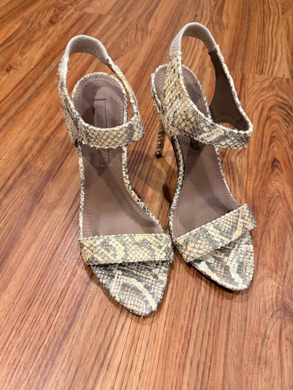 BCBGMaxAzria Snake-Print Ankle-Strap Heels in Beige and Cream